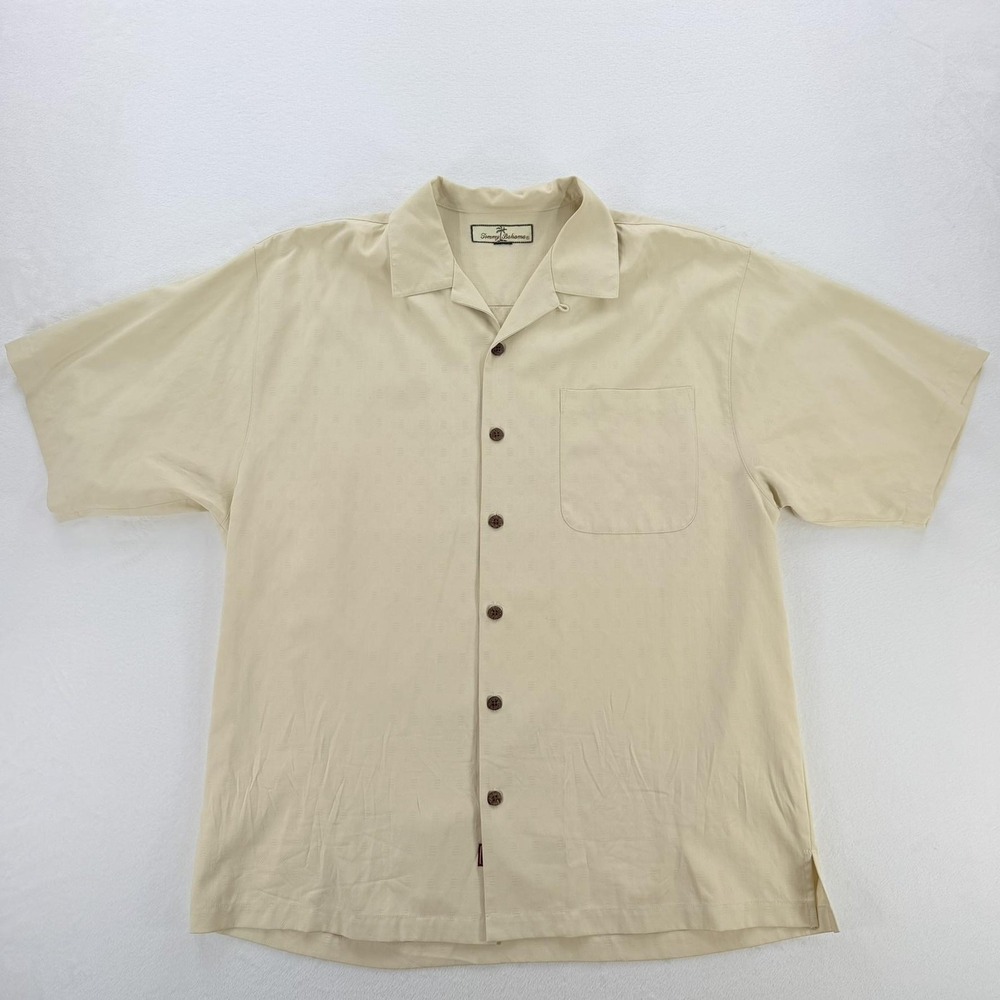 Tommy Bahama Shirt Mens Large Beige Textured Camp Short Sleeve Button Up Casual